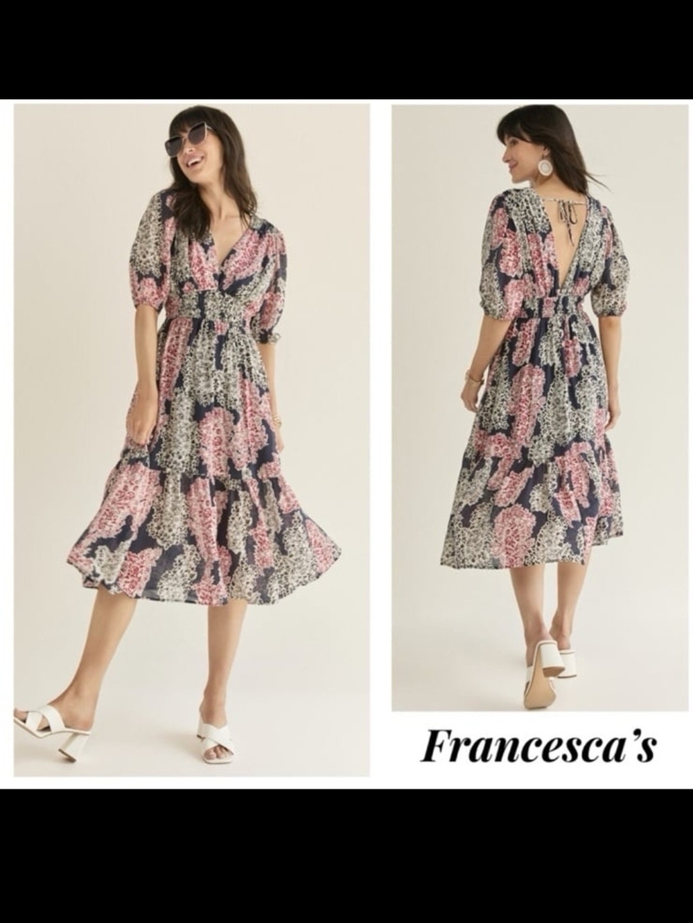 Francesca's Collections Navy and Pink Floral Tiered Midi Dress